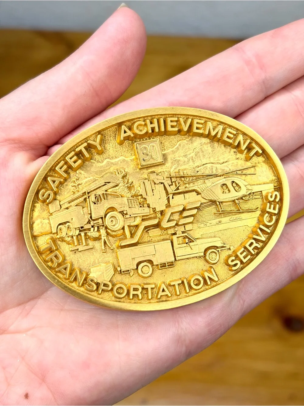 Safety Achievement Transportation Service Belt Buckle Josten Gold Brass Vintage